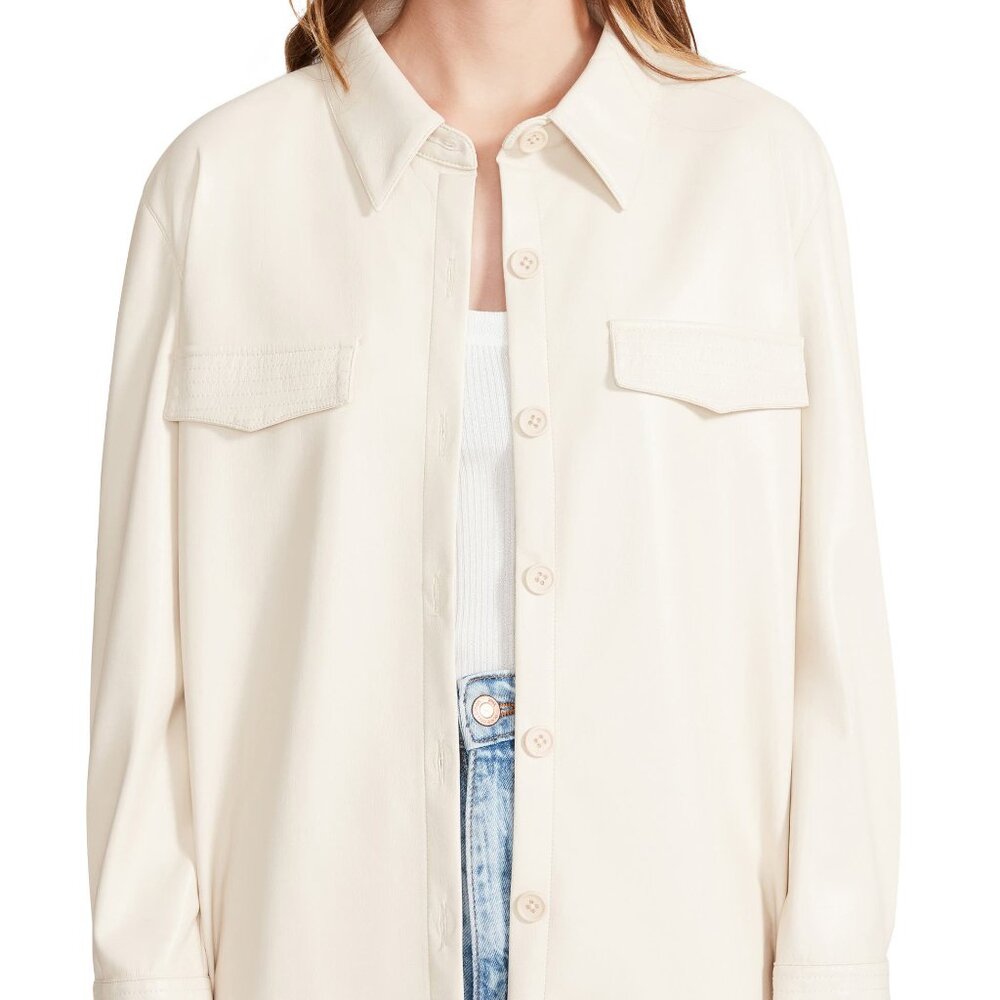 Faux Leather Button-Up Shirt Oatmeal /Cream Small - Picture 2 of 7